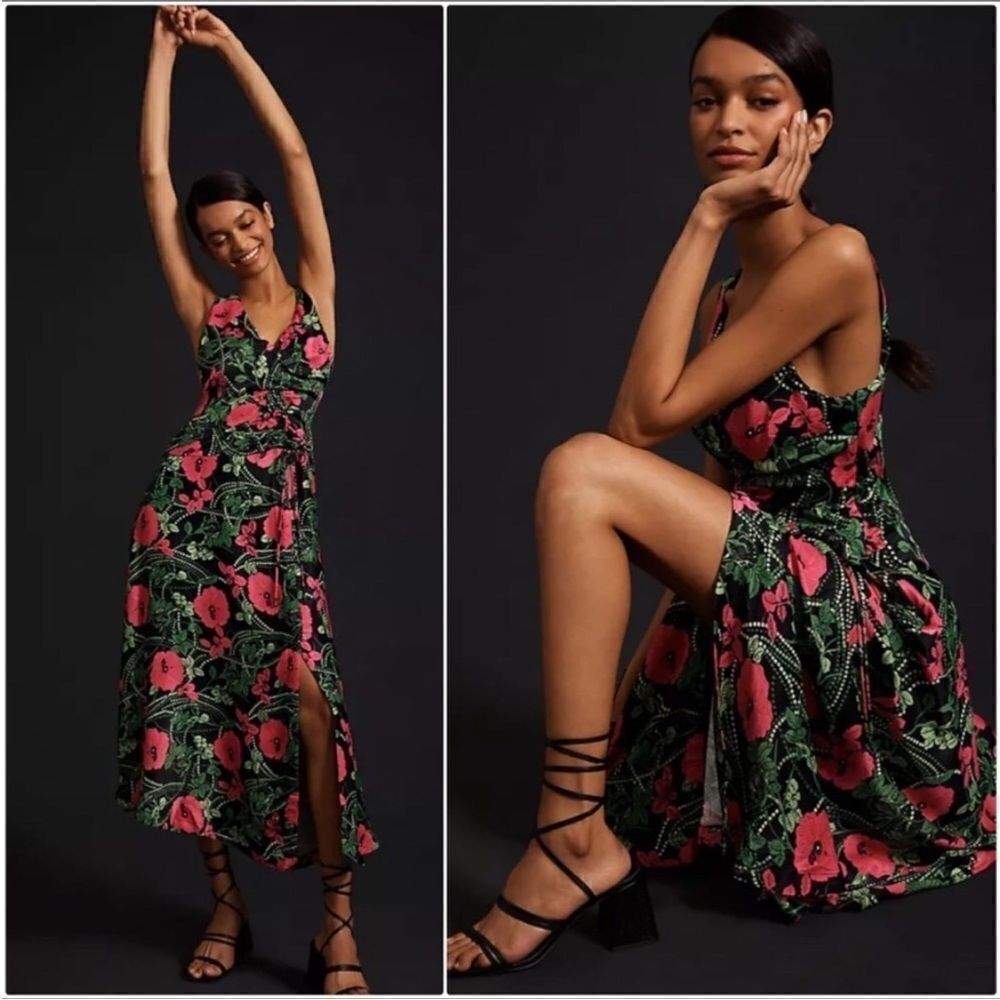 Maeve Anthropologie Black  Floral Ruched Long Dress Size 6